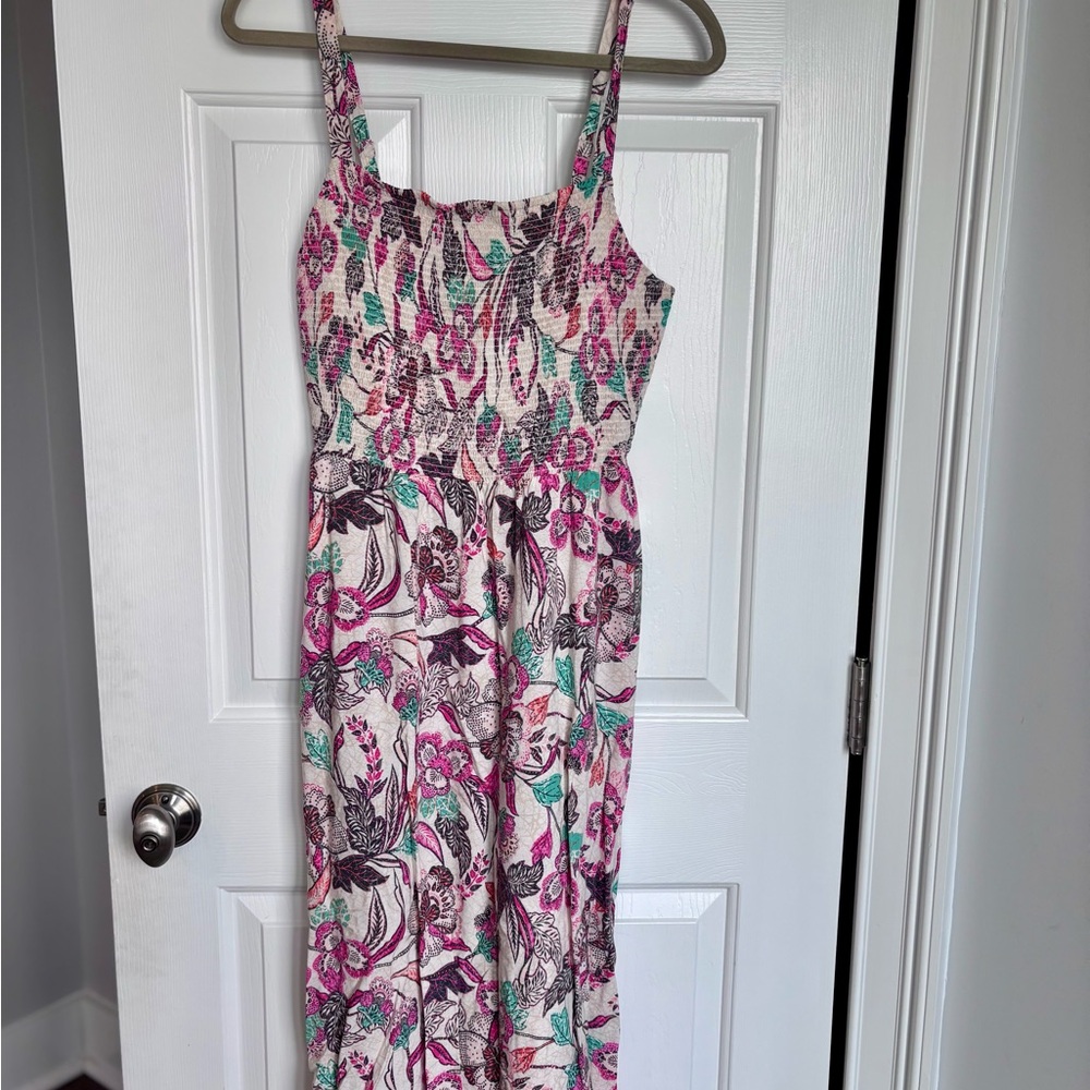 Floral Midi Dress with Pink and Green Accents